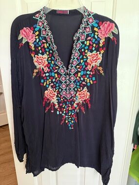 Johnny Was Dark Navy Tunic with Multicolor Floral Embroidery